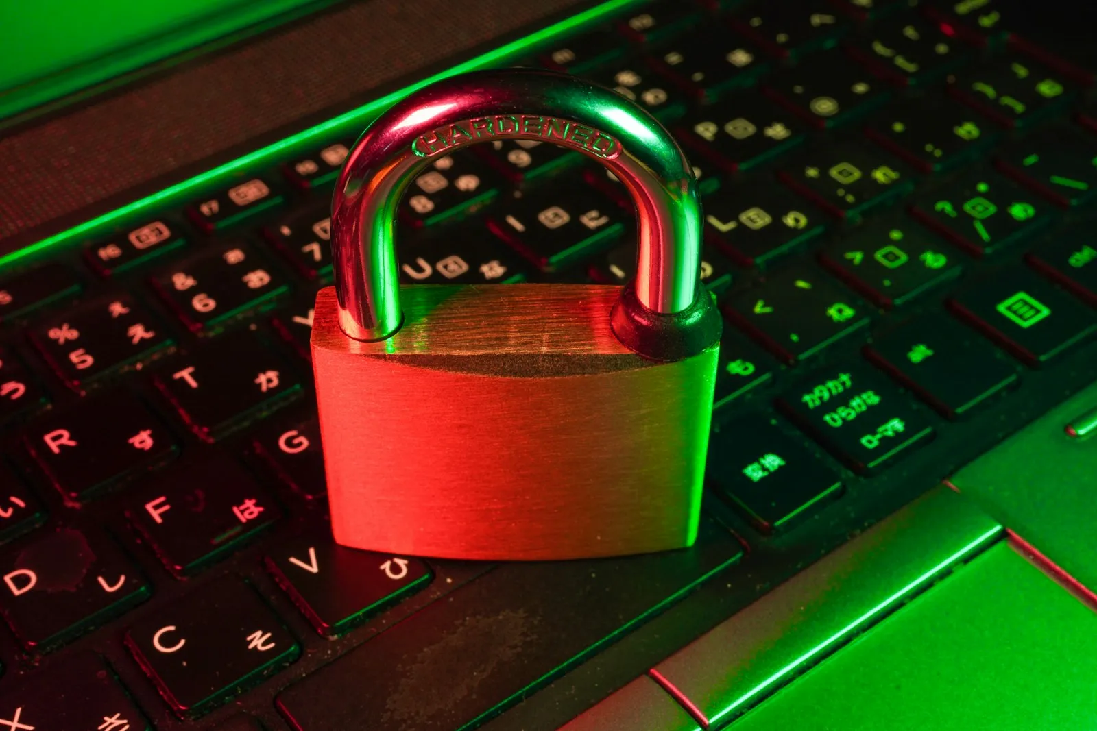 Padlock resting on a keyboard, representing network security